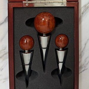 Vintage Brookstone 3-Piece Wine Bottle Stopper Set in Cherry Wood Box
